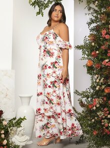 SHEIN Belle Plus Cold Shoulder Floral Print Layered Bridesmaid Dress - Multicolor - View 3