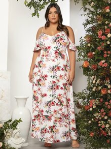 SHEIN Belle Plus Cold Shoulder Floral Print Layered Bridesmaid Dress - Multicolor - View 4