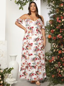 SHEIN Belle Plus Cold Shoulder Floral Print Layered Bridesmaid Dress - Multicolor - View 5