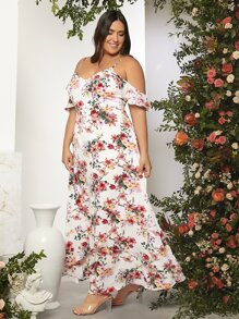 SHEIN Belle Plus Cold Shoulder Floral Print Layered Bridesmaid Dress - Multicolor - View 7