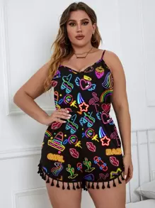 SHEIN Clasi 大碼滿版印花流蘇下擺吊帶連體短褲 - 彩色 - 查看 5