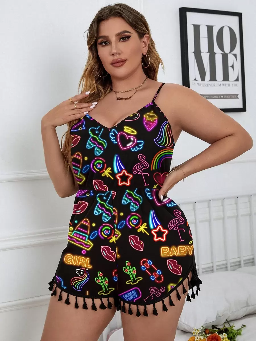 SHEIN Clasi 大碼滿版印花流蘇下擺吊帶連體短褲 - 彩色 - 查看 1