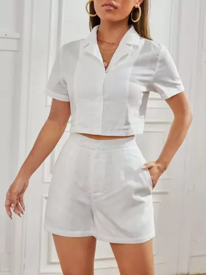 SHEIN EZwear Solid Lapel Neck Blouse & Shorts
