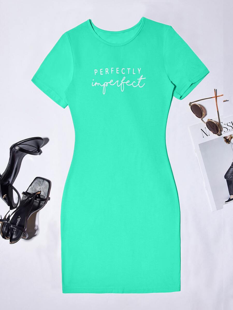 SHEIN Unity Letter Graphic Bodycon Dress - Mint Green - View 1