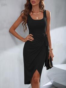 SHEIN Clasi Tie Side Tank Dress Maxi Women Outfit - Black - View 4