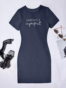 SHEIN Unity Letter Graphic Bodycon Dress - Navy Blue - View 1