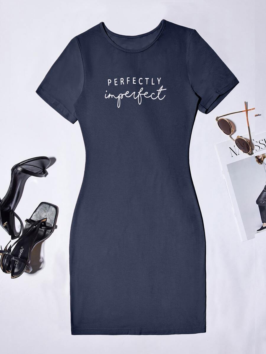 SHEIN Unity Letter Graphic Bodycon Dress - Navy Blue - View 1