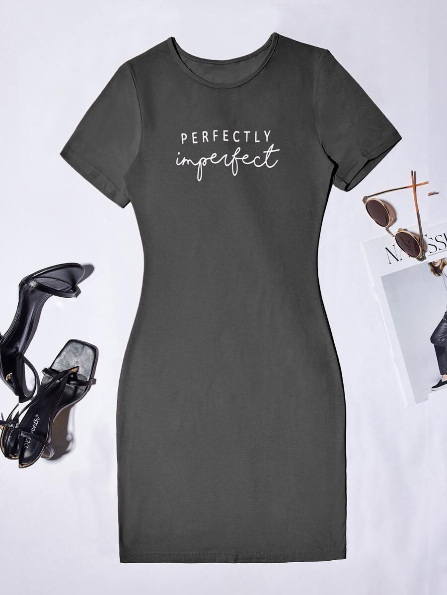 SHEIN Unity Letter Graphic Bodycon Dress - Dark Grey - View 1