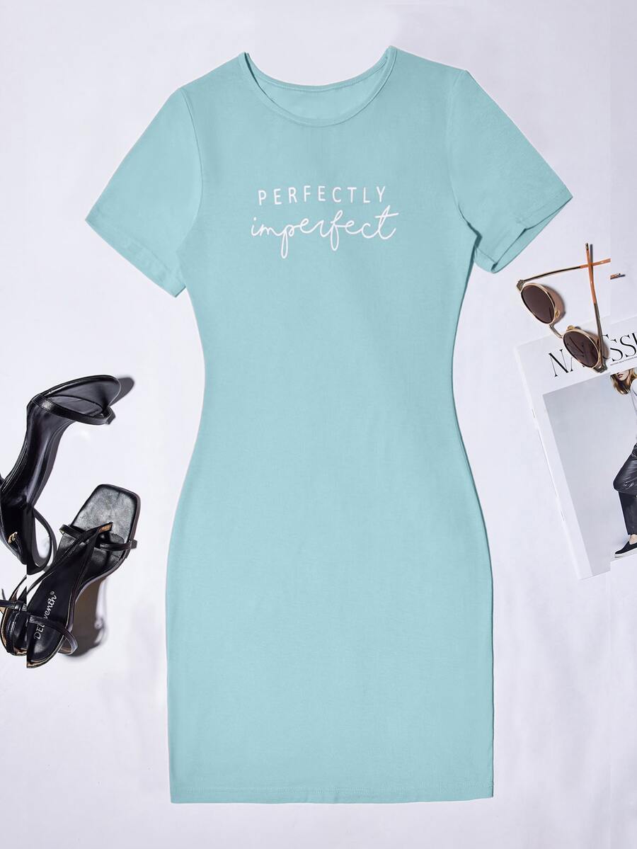 SHEIN Unity Letter Graphic Bodycon Dress - Baby Blue - View 1