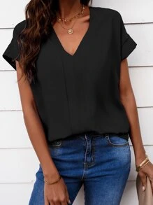 SHEIN Clasi Áo sơ mi nữ màu trơn Giải trí - màu đen - Xem 3