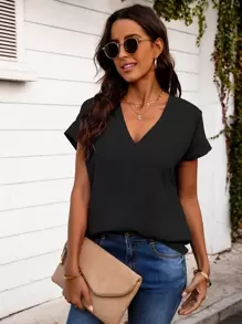 SHEIN Clasi Áo sơ mi nữ màu trơn Giải trí - màu đen - Xem 4