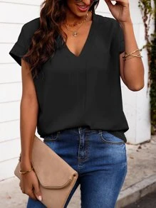 SHEIN Clasi Áo sơ mi nữ màu trơn Giải trí - màu đen - Xem 5