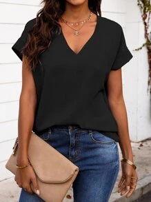 SHEIN Clasi Áo sơ mi nữ màu trơn Giải trí - màu đen - Xem 6