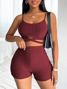 SHEIN SXY 十字交叉紋理質感吊帶上衣和騎行褲 - 酒紅色 - 查看 3
