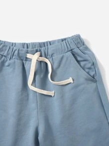 SHEIN 小男童標語圖案貼布細節連帽上衣和短褲套裝 - 霧霾藍 - 查看 3
