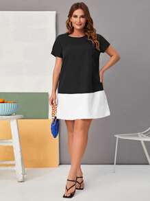 SHEIN Plus Colourblock Tunic Dress - Black and White - View 1