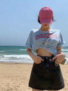 Letter & Dolphin Pattern Drop Shoulder Tee - Baby Blue - View 1