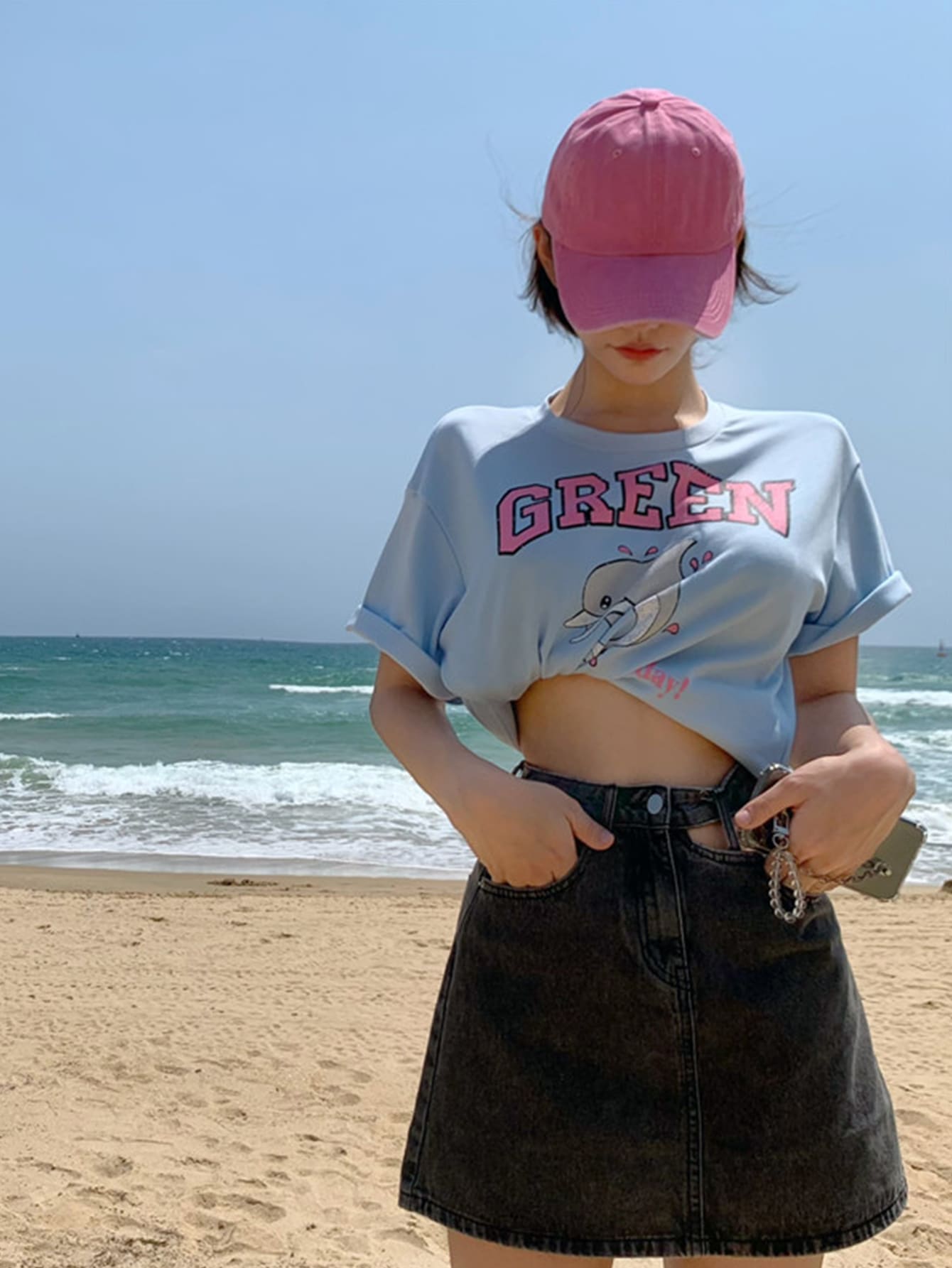 Letter & Dolphin Pattern Drop Shoulder Tee - Baby Blue - View 1