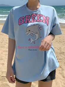 Letter & Dolphin Pattern Drop Shoulder Tee - Baby Blue - View 3