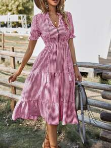SHEIN VCAY Vertical Striped Flounce Sleeve Tassel Tie Neck Ruffle Hem Dress - Red and White - View 1