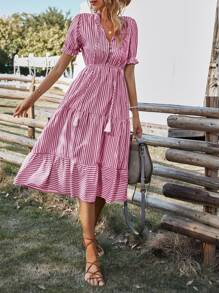SHEIN VCAY Vertical Striped Flounce Sleeve Tassel Tie Neck Ruffle Hem Dress - Red and White - View 3