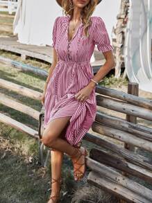 SHEIN VCAY Vertical Striped Flounce Sleeve Tassel Tie Neck Ruffle Hem Dress - Red and White - View 4