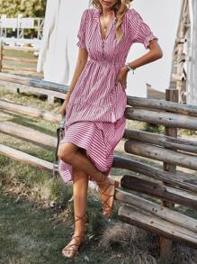 SHEIN VCAY Vertical Striped Flounce Sleeve Tassel Tie Neck Ruffle Hem Dress - Red and White - View 6