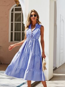 Breezaya 條紋圖案西裝領A字型連衣裙