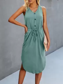 SHEIN Unity Vestido tank de cintura con cordón con bolsillo oculto bajo asimétrico - verde menta - Ver 3