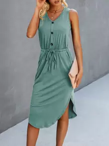 SHEIN Unity Vestido tank de cintura con cordón con bolsillo oculto bajo asimétrico - verde menta - Ver 4