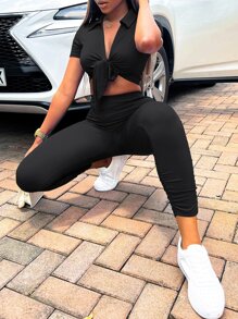 SHEIN SXY Top corto con cordón delantero con leggings bajo con fruncido - Negro - Ver 5