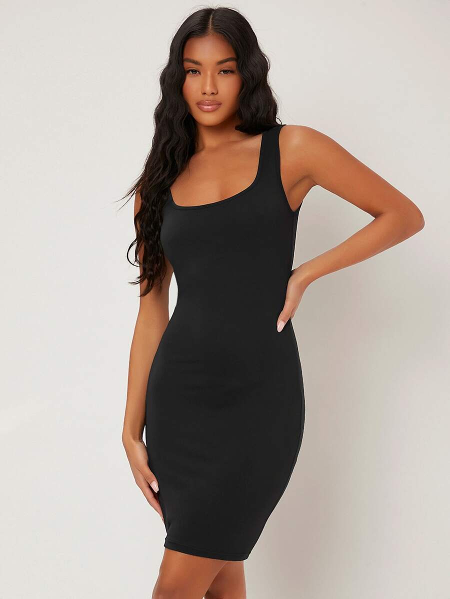 SHEIN BASICS Chất rắn Không lưng Xe tăng Quần bó Giải trí Bữa tối Ngày đêm Đầm - màu đen - Xem 1