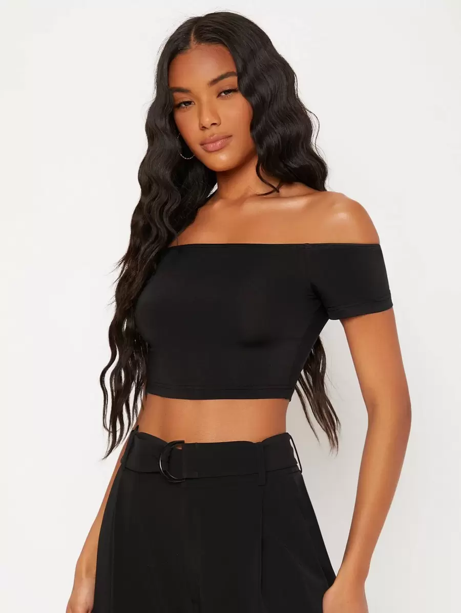 SHEIN BASICS Áo thun nữ màu trơn Gợi cảm - màu đen - Xem 1
