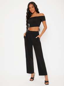 SHEIN BASICS Áo thun nữ màu trơn Gợi cảm - màu đen - Xem 3