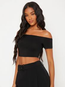 SHEIN BASICS Áo thun nữ màu trơn Gợi cảm - màu đen - Xem 4