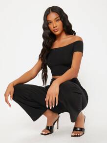 SHEIN BASICS Áo thun nữ màu trơn Gợi cảm - màu đen - Xem 5