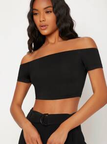 SHEIN BASICS Áo thun nữ màu trơn Gợi cảm - màu đen - Xem 6