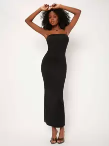 SHEIN BASICS Solid Split Hem Tube Casual Dinner Dating Dress - Black - View 5