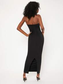 SHEIN BASICS Solid Split Hem Tube Casual Dinner Dating Dress - Black - View 2