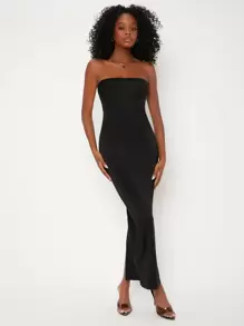 SHEIN BASICS Solid Split Hem Tube Casual Dinner Dating Dress - Black - View 4