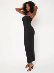 SHEIN BASICS Solid Split Hem Tube Casual Dinner Dating Dress - Black - View 6