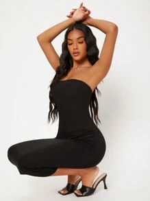 SHEIN BASICS Solid Tube Bodycon Casual Dinner Dating Dress/Summer\Elegant\Off-Shoulder\Party - Black - View 4