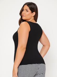 SHEIN BASICS Plus Scoop Neck Solid Tank Top/Summer - Black - View 4