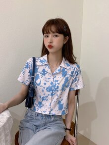 紮染前紐扣短款襯衫 - 藍白色 - 查看 4