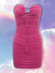 SHEIN Vestido tubo ajustado con nudo delantero con abertura fruncido - Rosa Fucsia - Ver 1
