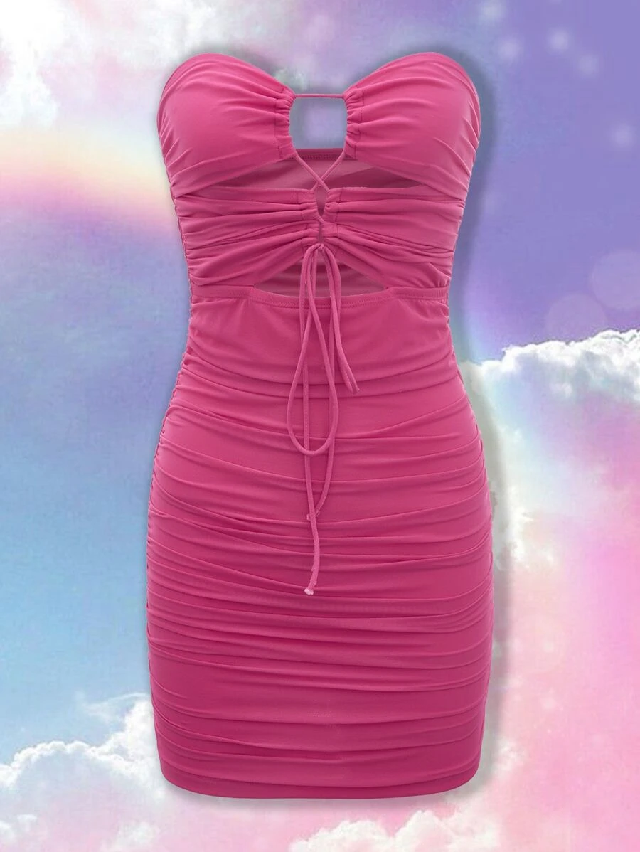 SHEIN Vestido tubo ajustado con nudo delantero con abertura fruncido - Rosa Fucsia - Ver 1