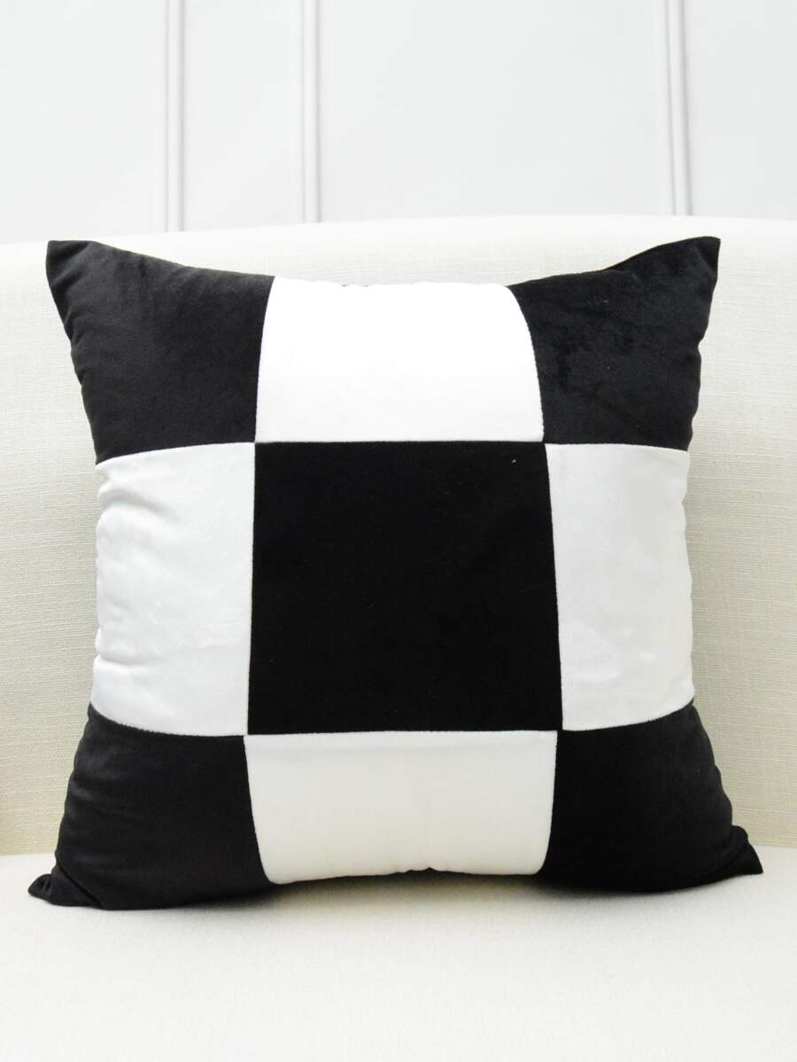 Funda de cojín sin relleno con estampado de cuadros - Blanco y Negro - Ver 1