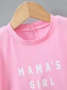 SHEIN 2入組/套少女休閒字母印花短袖圓領 T 恤和短褲夏季服裝 - 粉色 - 查看 3