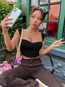 SHEIN Privé Sweetheart Neck Rib Knit Crop Tee - Black - View 4