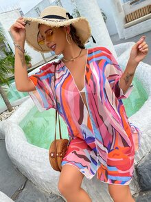 Random Print Sheer Kimono - Multicolor - View 3